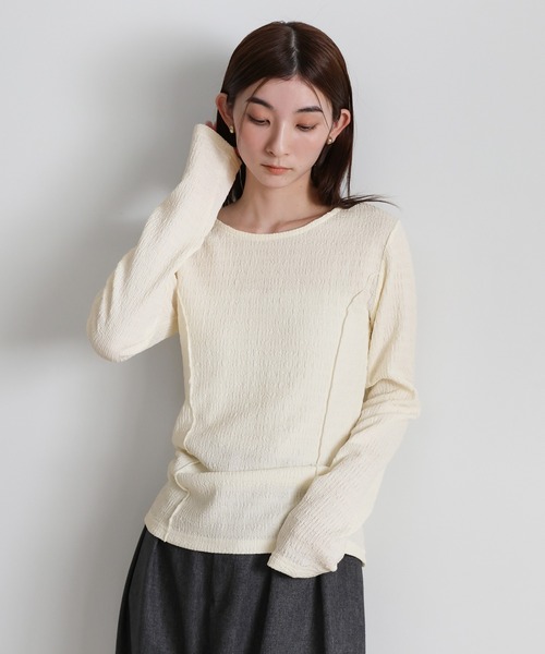 select MOCA(セレクトモカ)の「クラッシュジャガードパネルライントップス(Tシャツ/カットソー・レディース・アイボリー/グレイッシュベージュ/チャコールグレー・FREE)」の1枚目の写真