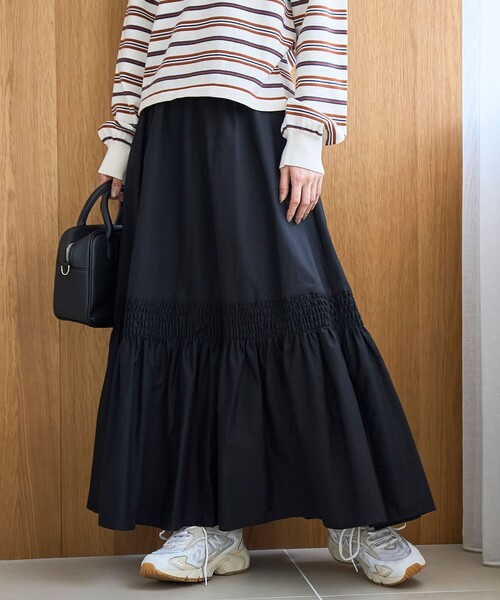 coen（コーエン）の「コットンタイプライター シャーリングティアードスカート（スカート・レディース・ブラック/オフホワイト・FREE）」の2枚目の写真