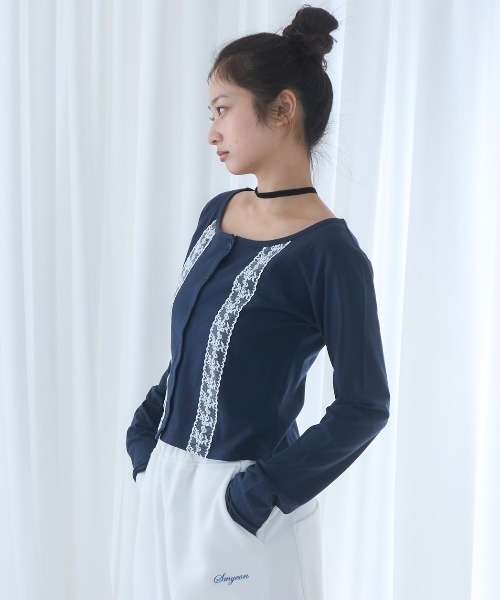 Smyeon(スミョン)の「Long sleeve lace cardigan/レース付きカットカーディガン(カーディガン/ボレロ・レディース・ネイビー/グレー/ホワイト・FREE)」の3枚目の写真