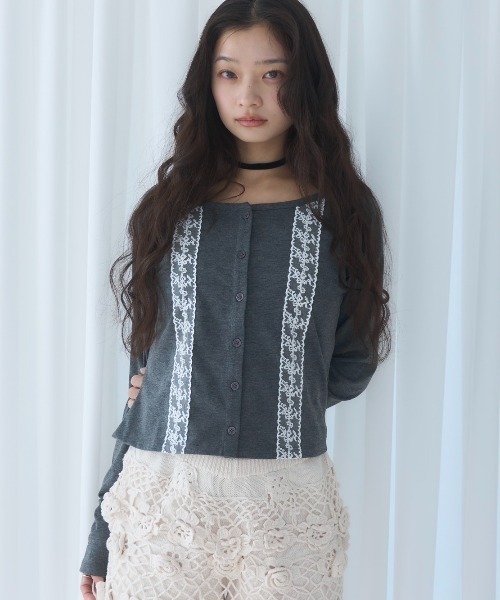 Long sleeve lace cardigan/レース付きカットカーディガン