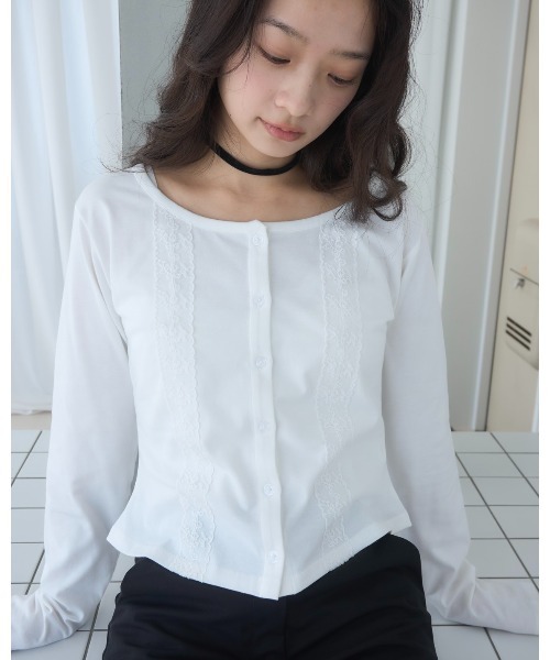 Smyeon(スミョン)の「Long sleeve lace cardigan/レース付きカットカーディガン(カーディガン/ボレロ・レディース・ネイビー/グレー/ホワイト・FREE)」の1枚目の写真