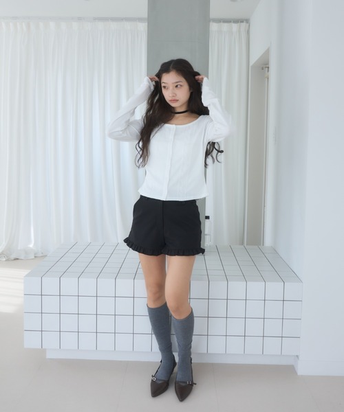Smyeon(スミョン)の「Long sleeve lace cardigan/レース付きカットカーディガン(カーディガン/ボレロ・レディース・ネイビー/グレー/ホワイト・FREE)」の11枚目の写真