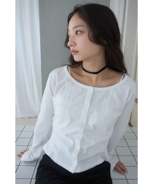 Smyeon(スミョン)の「Long sleeve lace cardigan/レース付きカットカーディガン(カーディガン/ボレロ・レディース・ネイビー/グレー/ホワイト・FREE)」の14枚目の写真