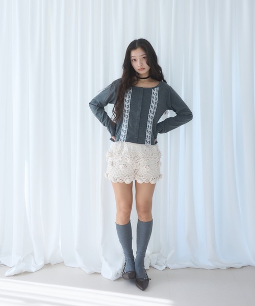 Smyeon(スミョン)の「Long sleeve lace cardigan/レース付きカットカーディガン(カーディガン/ボレロ・レディース・ネイビー/グレー/ホワイト・FREE)」の5枚目の写真