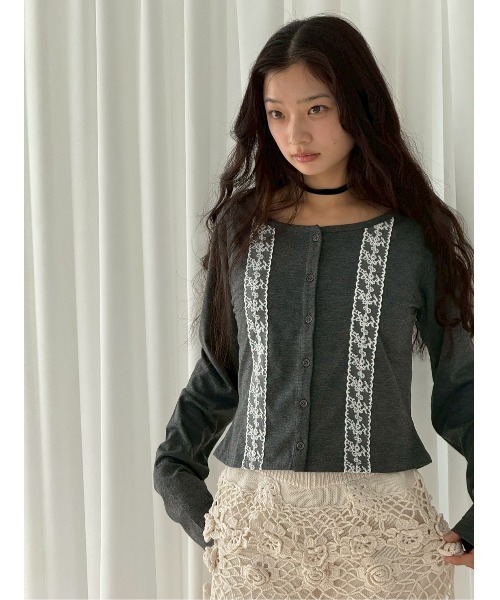 Long sleeve lace cardigan/レース付きカットカーディガン