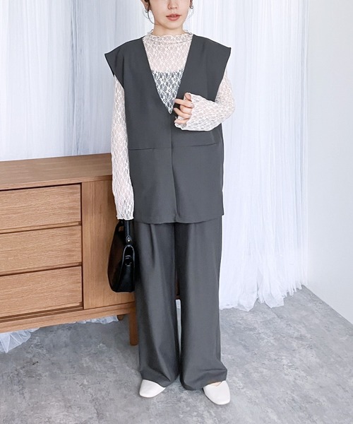 reca(レカ)の「Vネックベスト×セミワイドストレートパンツ2点セット(スーツセット・レディース・ブラック/グレー・M)」の5枚目の写真