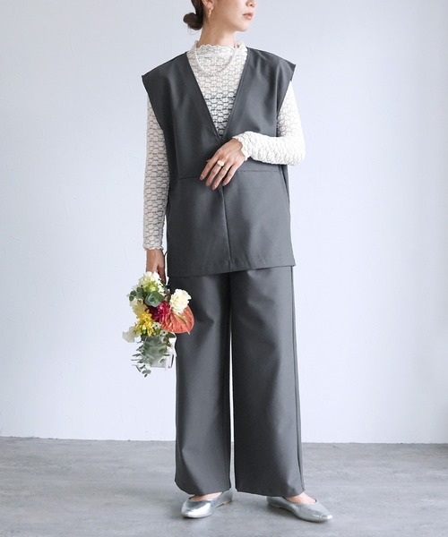 reca(レカ)の「Vネックベスト×セミワイドストレートパンツ2点セット(スーツセット・レディース・ブラック/グレー・M)」の9枚目の写真