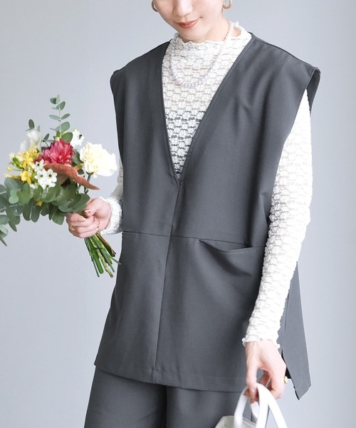 reca(レカ)の「Vネックベスト×セミワイドストレートパンツ2点セット(スーツセット・レディース・ブラック/グレー・M)」の11枚目の写真