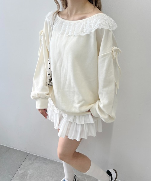 PHILLY（フィリー）の「《セットアップ可能★》レースパイピングオフショルスウェット（スウェット・レディース・アイボリー/グレー・FREE）」の4枚目の写真