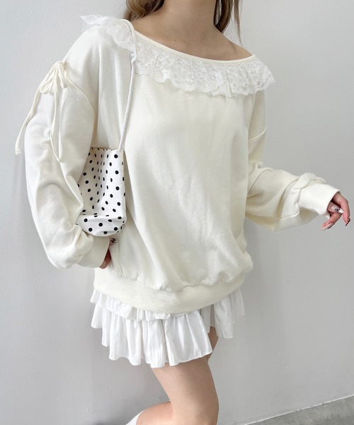 PHILLY（フィリー）の「《セットアップ可能★》レースパイピングオフショルスウェット（スウェット・レディース・アイボリー/グレー・FREE）」の5枚目の写真