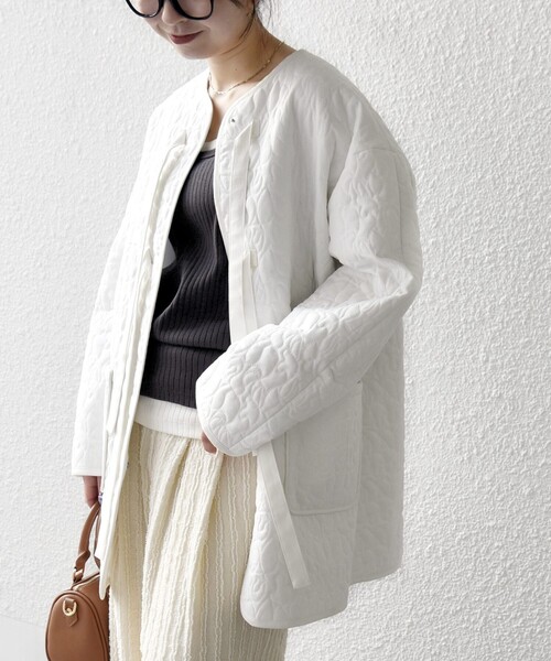 セール】SHIPS any: キルティング ステッチ ノーカラー ミディ コート