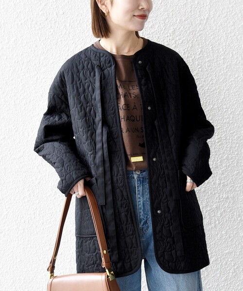 SHIPS any: キルティング ステッチ ノーカラー ミディ コート（ノー