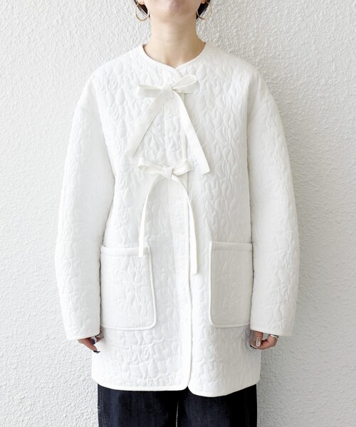 セール】SHIPS any: キルティング ステッチ ノーカラー ミディ コート