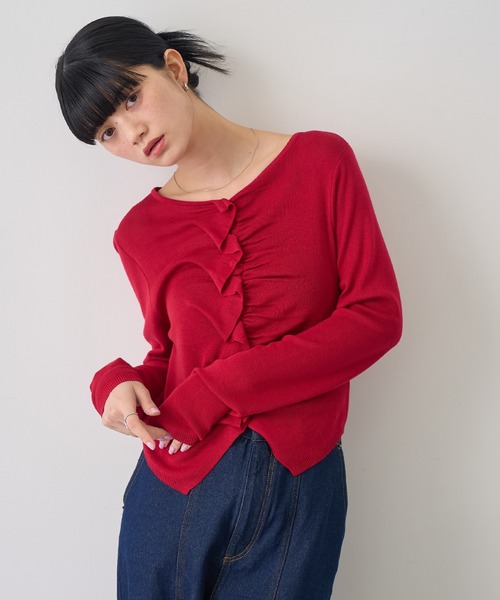 NOGLE(ノグル)の「【NOGLE/ノグル】フリルギャザーエアリーカーディガン(カーディガン/ボレロ・レディース・レッド/アイボリー/ネイビー/グレー・FREE)」の4枚目の写真