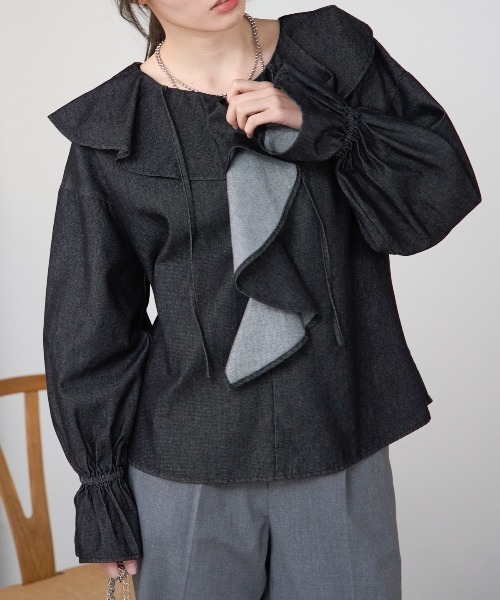 TRIANGLE PALETTE（トライアングルパレット）の「デニムフリルビッグカラーブラウス（シャツ/ブラウス・レディース・ブルー/ブラック/アイボリー/インディゴブルー・FREE）」の19枚目の写真
