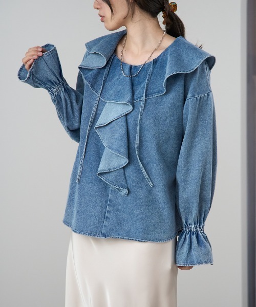 TRIANGLE PALETTE（トライアングルパレット）の「デニムフリルビッグカラーブラウス（シャツ/ブラウス・レディース・ブルー/ブラック/アイボリー/インディゴブルー・FREE）」の6枚目の写真