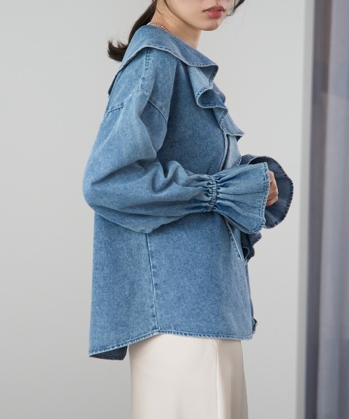 TRIANGLE PALETTE（トライアングルパレット）の「デニムフリルビッグカラーブラウス（シャツ/ブラウス・レディース・ブルー/ブラック/アイボリー/インディゴブルー・FREE）」の9枚目の写真