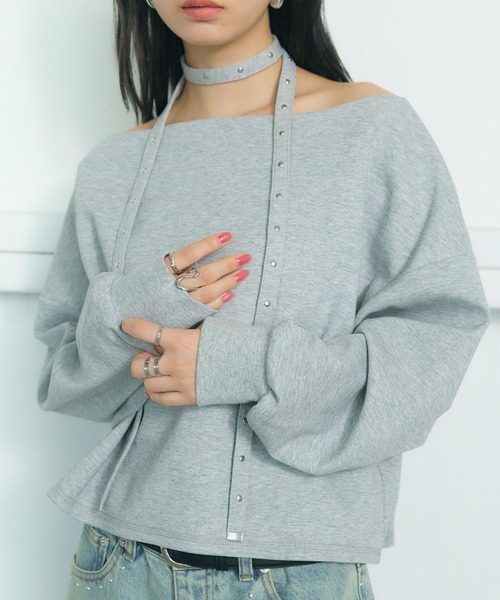 ELLEgirl（エルガール）の「スタッズチョーカー付きオフショルプルオーバー（スウェット・レディース・杢グレー・FREE）」の19枚目の写真