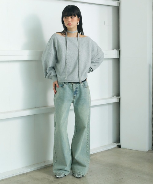 ELLEgirl（エルガール）の「スタッズチョーカー付きオフショルプルオーバー（スウェット・レディース・杢グレー・FREE）」の14枚目の写真