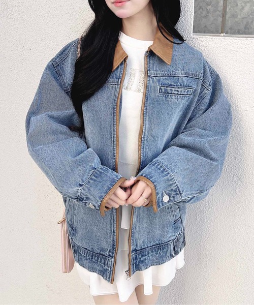 INGNI（イング）の「襟袖異素材フロントジップデニムジャケット（デニムジャケット・レディース・ブルー系その他3/グレー/ブルー系その他・M）」の11枚目の写真