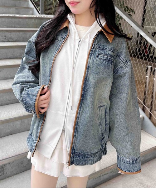 INGNI（イング）の「襟袖異素材フロントジップデニムジャケット（デニムジャケット・レディース・ブルー系その他3/グレー/ブルー系その他・M）」の7枚目の写真