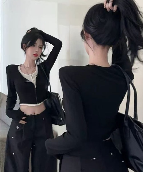 DIAVEL(ディアベル)の「【26春夏新作】フェイクレイヤード/ジップアップ ショートトップス(Tシャツ/カットソー・レディース・グレー/ブラック・M)」の11枚目の写真