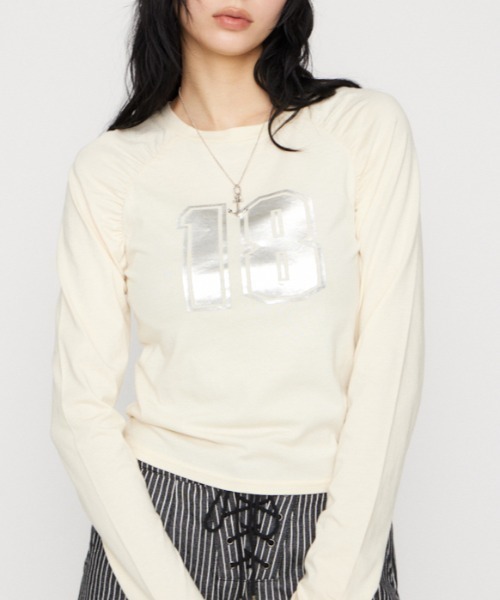 LAGUA GEM(ラグアジェム)の「PUFF SLEEVE NUMBER トップス(Tシャツ/カットソー・レディース・アイボリー/ライトブルー/チャコールグレー・FREE)」の2枚目の写真