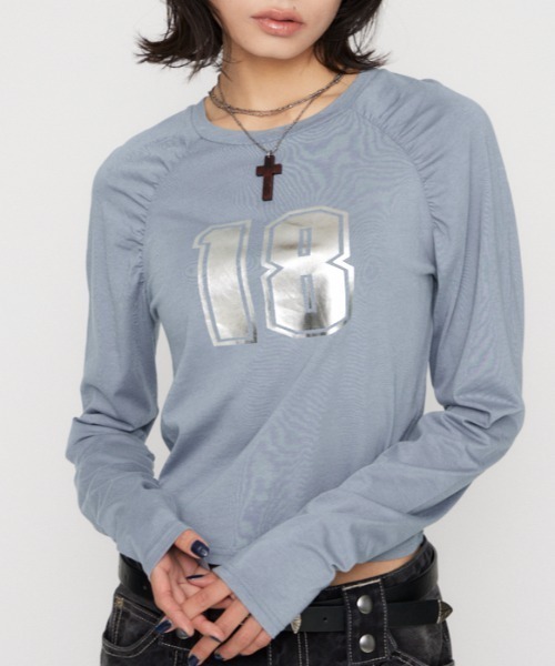LAGUA GEM(ラグアジェム)の「PUFF SLEEVE NUMBER トップス(Tシャツ/カットソー・レディース・アイボリー/ライトブルー/チャコールグレー・FREE)」の3枚目の写真