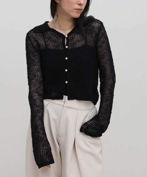 select MOCA（セレクトモカ）の「ボタンデザイン透かし編みショートカーディガン（カーディガン/ボレロ・レディース・ブラック/グレー/ベージュ・FREE）」の2枚目の写真