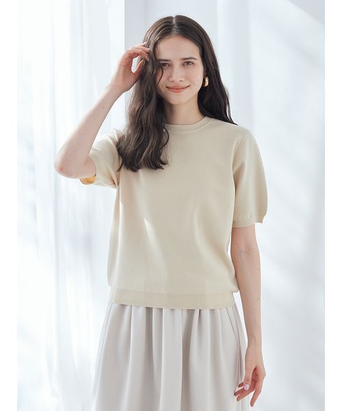 Mila Owen(ミラオーウェン)の「コットンブレンドクールネックニット(ニット/セーター・レディース・ライトベージュ/チャコールグレー/ミント・F)」の2枚目の写真