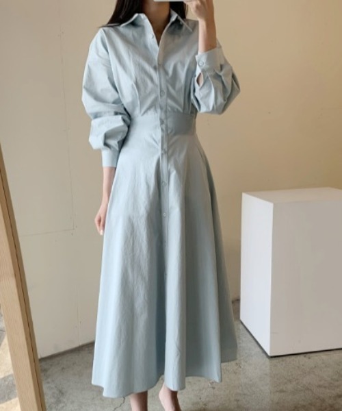 FREE STYLISTS(フリー スタイリスト)の「YUGA_YGMC Korean-style voluminous sleeve flared shirt dress(ワンピース・レディース・ベージュ/ライトブルー/ホワイト・FREE)」の2枚目の写真