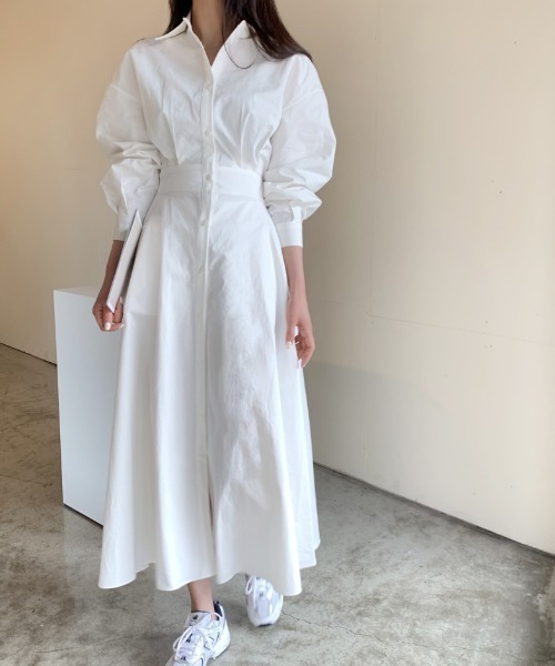 FREE STYLISTS(フリー スタイリスト)の「YUGA_YGMC Korean-style voluminous sleeve flared shirt dress(ワンピース・レディース・ベージュ/ライトブルー/ホワイト・FREE)」の6枚目の写真