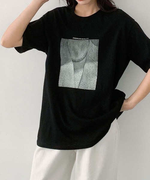LOWO(ロワ)の「綿混 モノクロプリント オーバー Tシャツ(Tシャツ/カットソー・レディース・ブラック/チャコールグレー/ホワイト・FREE)」の7枚目の写真