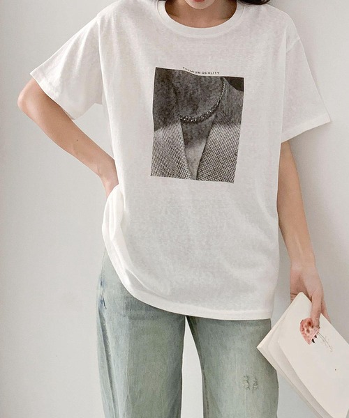LOWO(ロワ)の「綿混 モノクロプリント オーバー Tシャツ(Tシャツ/カットソー・レディース・ブラック/チャコールグレー/ホワイト・FREE)」の12枚目の写真