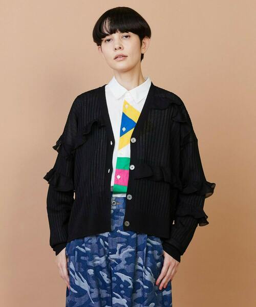 FRAPBOIS（フラボア）の「シアーフリル カーディガン（カーディガン/ボレロ・レディース・ブラック/ブルーグリーン・1）」の2枚目の写真