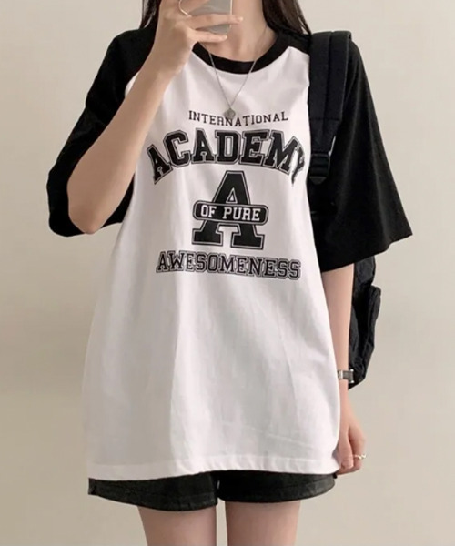 VIVID LADY(ビビッドレディー)の「カレッジロゴ 配色 ラグランTシャツ 半袖カットソー(Tシャツ/カットソー・レディース・ワイン/ブラック/グリーン/ネイビー・FREE)」の20枚目の写真
