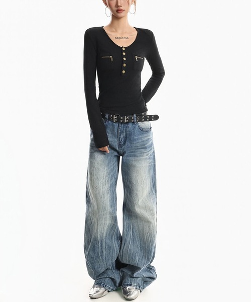 .KOM(ドットコム)の「A'GEM/9 × .kom 『.KOM/ドットケーオーエム』ジップポケットリブトップス(Tシャツ/カットソー・レディース・ブラック/ホワイト・M)」の10枚目の写真