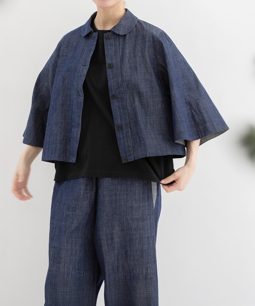 nop de nod（ノップドゥノッド）の「Rondeケープスリーブクロップドシャツ（その他アウター・レディース・インディゴブルー/ブラック/キャメル・3）」の6枚目の写真