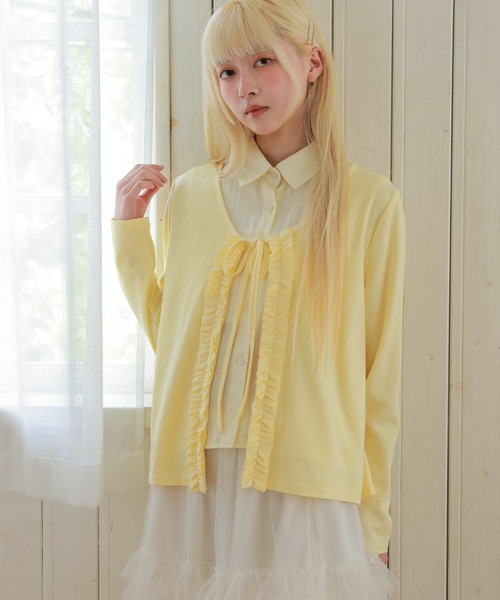 LiLIN(リリン)の「フェイクレイヤード 襟付き フリル リボン 長袖 トップス(カーディガン/ボレロ・レディース・ネイビー/グレー/イエロー・FREE)」の12枚目の写真