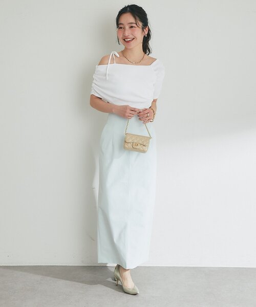 La boutique BonBon(ラブティックボンボン)の「【今すぐお届け!・1枚で決まる】リボンアシメドレープネックカットソー(Tシャツ/カットソー・レディース・ネイビー/ホワイト/サックスブルー・FREE)」の7枚目の写真