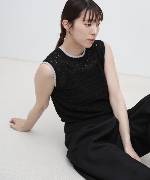 select MOCA(セレクトモカ)の「透かし編みバイカラーフレンチニットベスト(ニット/セーター・レディース・オフホワイト/ブラウン/ブラック・FREE)」の15枚目の写真