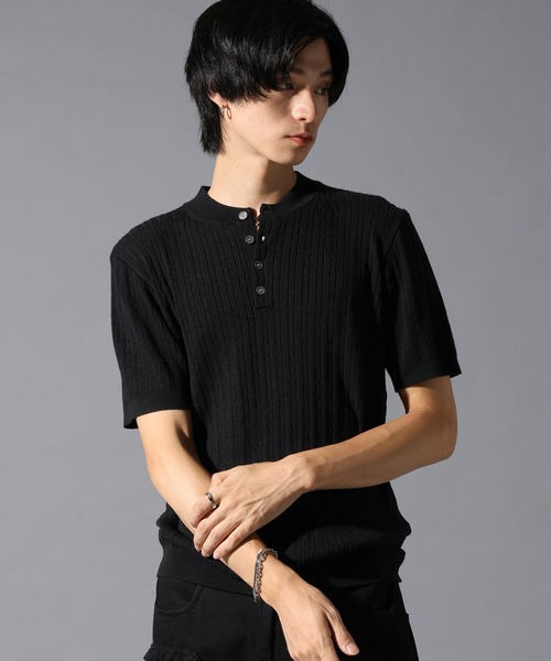LAND MUSEUM（ランドミュージアム）の「LAND MUSEUM／ケーブルヘンリーニット（ニット/セーター・メンズ・ブラック/ホワイト・MEDIUM/LARGE）」の7枚目の写真