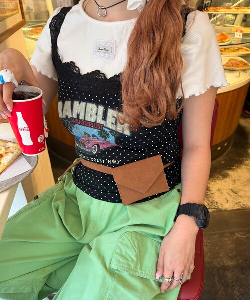 w closet(ダブルクローゼット)の「【Am企画】ロゴプリントレースキャミソール(Tシャツ/カットソー・レディース・グレー/オフホワイト/ブラック・FREE)」の12枚目の写真