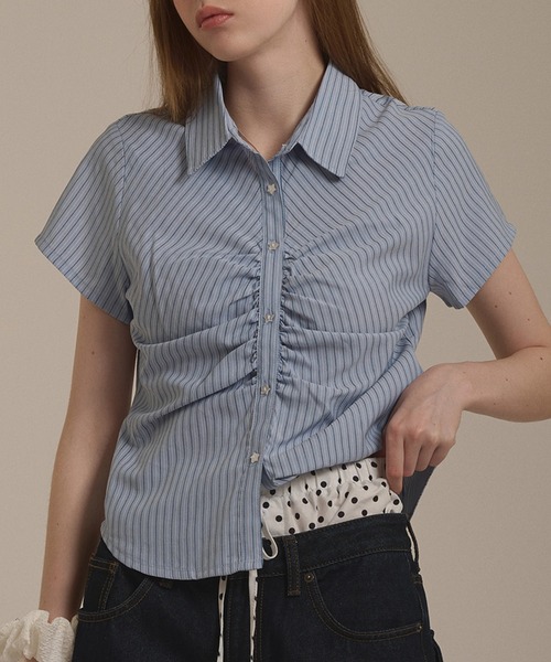 hazyl(ヘイジル)の「gather design short sleeve shirt / ギャザーデザインショートスリーブシャツ(シャツ/ブラウス・レディース・ブルー/オフホワイト/クリーム・フリー)」の19枚目の写真