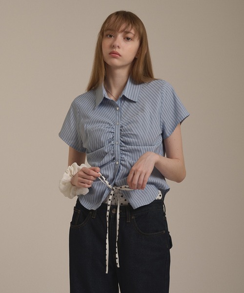 hazyl(ヘイジル)の「gather design short sleeve shirt / ギャザーデザインショートスリーブシャツ(シャツ/ブラウス・レディース・ブルー/オフホワイト/クリーム・フリー)」の17枚目の写真