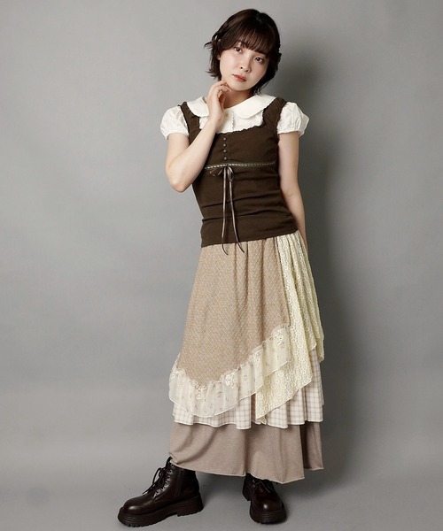 SPINNS(スピンズ)の「異素材ドッキングロングスカート/チェック/レース/小花柄/NEO森ガール(スカート・レディース・ブルー/ベージュ/グリーン/ワイン・ONESIZE)」の19枚目の写真