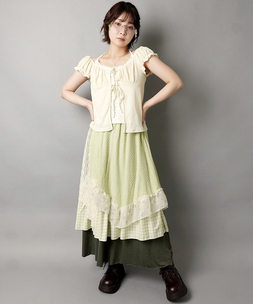 SPINNS(スピンズ)の「異素材ドッキングロングスカート/チェック/レース/小花柄/NEO森ガール(スカート・レディース・ブルー/ベージュ/グリーン/ワイン・ONESIZE)」の18枚目の写真