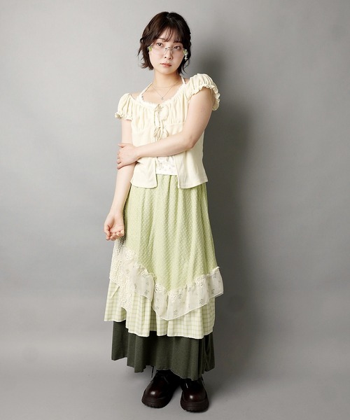 SPINNS(スピンズ)の「異素材ドッキングロングスカート/チェック/レース/小花柄/NEO森ガール(スカート・レディース・ブルー/ベージュ/グリーン/ワイン・ONESIZE)」の17枚目の写真