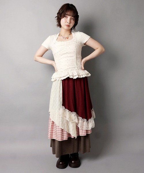 SPINNS(スピンズ)の「異素材ドッキングロングスカート/チェック/レース/小花柄/NEO森ガール(スカート・レディース・ブルー/ベージュ/グリーン/ワイン・ONESIZE)」の11枚目の写真