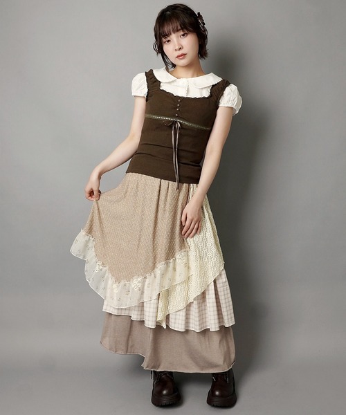 SPINNS(スピンズ)の「異素材ドッキングロングスカート/チェック/レース/小花柄/NEO森ガール(スカート・レディース・ブルー/ベージュ/グリーン/ワイン・ONESIZE)」の22枚目の写真
